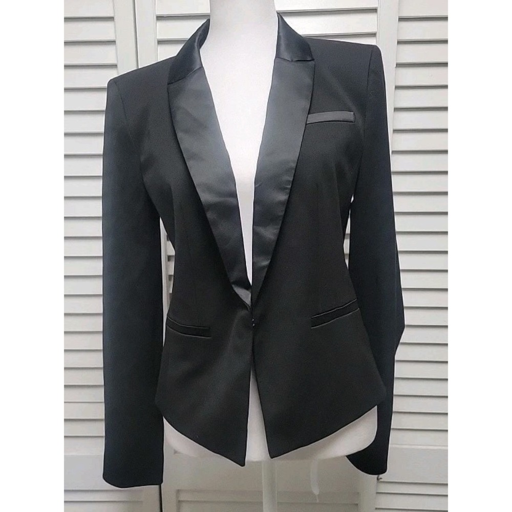 Ann Taylor LOFT SZ 0 NWT Black Tuxedo Style Open Front Blazer Jacket Satin Trim